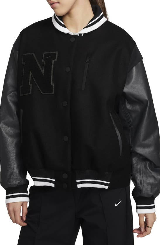 Shop Nike Sportswear Destroyer Leather & Wool Blend Bomber Jacket In Black/ Anthracite/ Anthracite