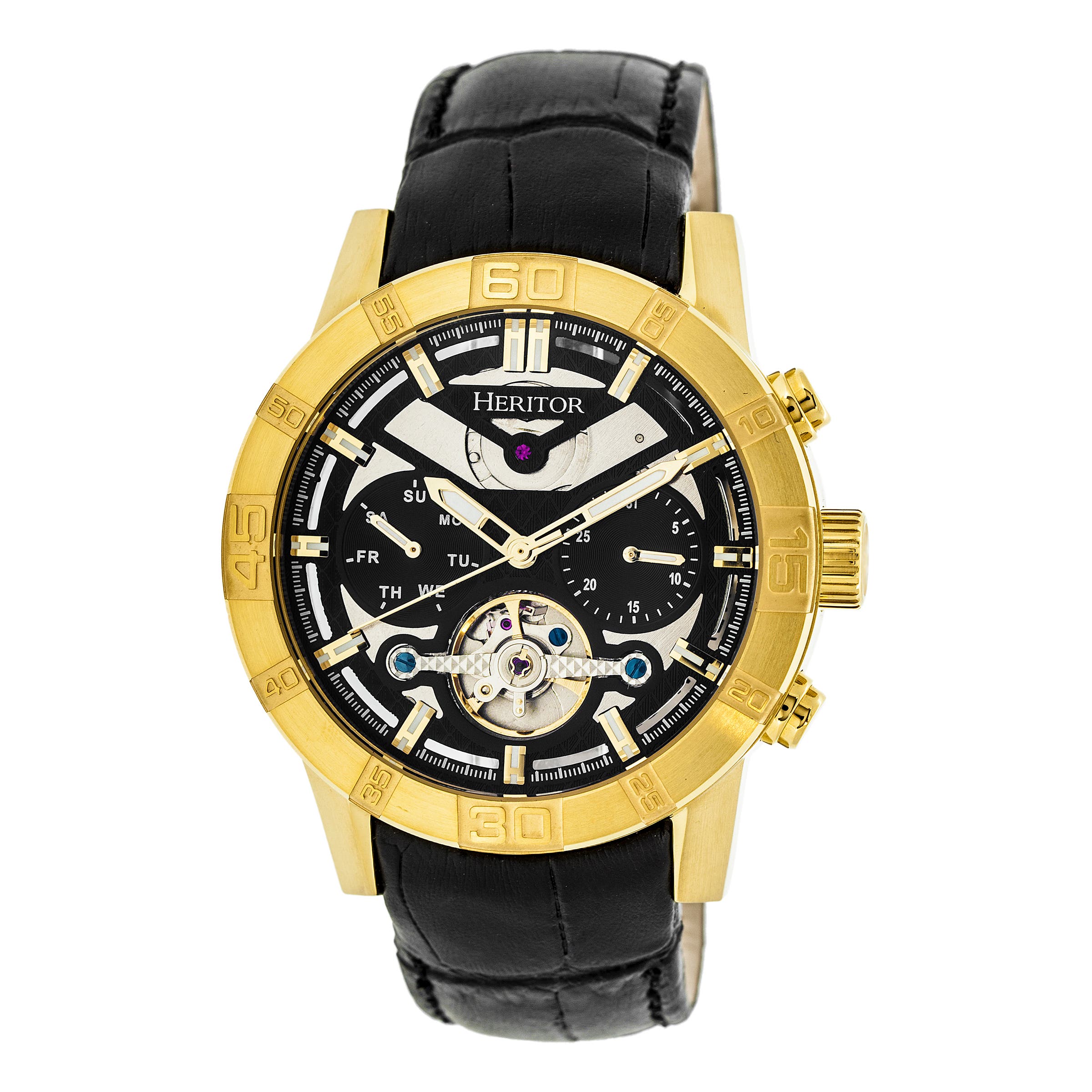 Heritor Automatic Hannibal Semi-Skeleton Leather-Band Watch in Gold/black Cover