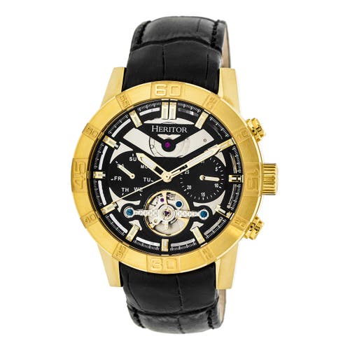 Heritor Automatic Hannibal Semi-skeleton Leather-band Watch In Gold/black