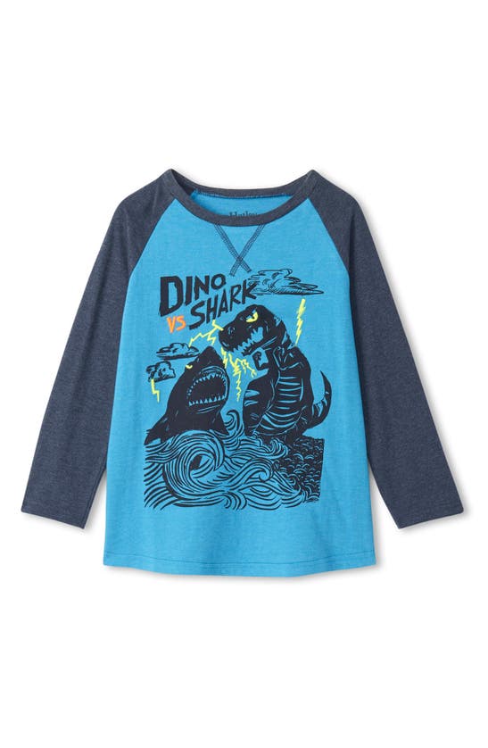 Hatley Kids' Dino Vs. Shark Raglan Graphic Tee In Cendre Blue