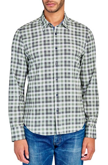 Construct Trim Fit Plaid Performance Button-up Shirt In Green