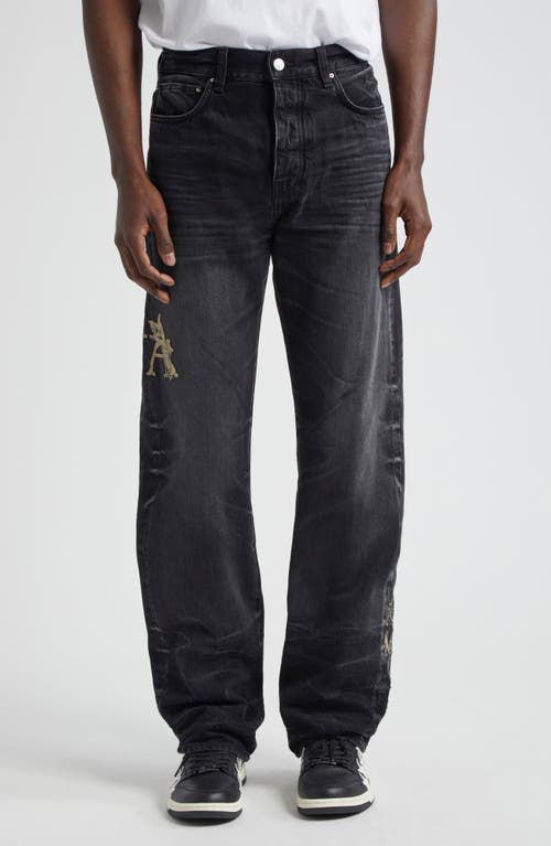 AMIRI Baroque Logo Straight Leg Jeans Faded Black at Nordstrom,