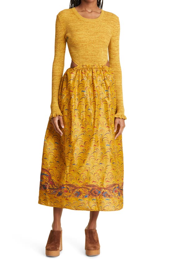 Ulla Johnson Marcellina Cutout Ribbed-knit And Printed Taffeta Midi Dress In Tigers Eye