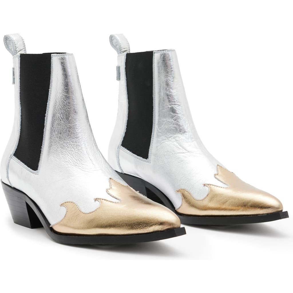 Allsaints Dellaware Pointed Toe Chelsea Boot In Silver/gold