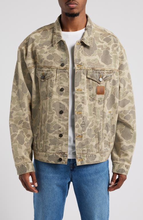 Carhartt Work In Progress Duck Camo Print Organic Cotton Denim Trucker Jacket in Camo Duck Black Bleached 