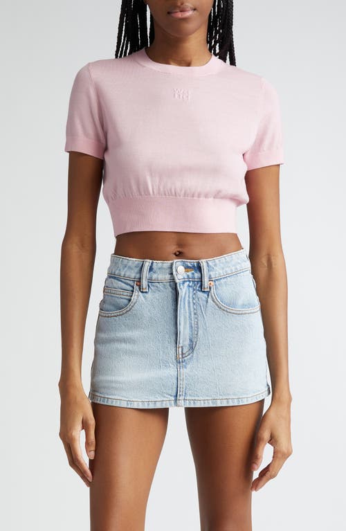 Shop Alexander Wang Debossed Logo Short Sleeve Crop Sweater In Pink Lace