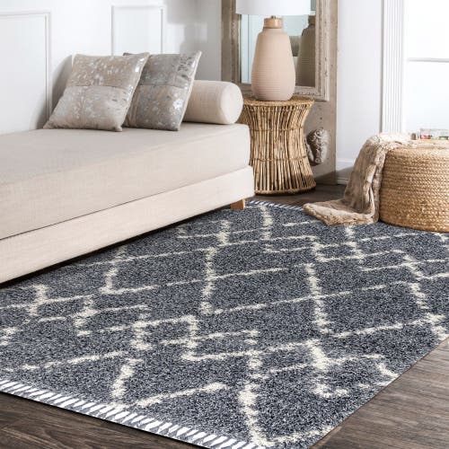 Jonathan Y Mercer Shag Plush Tassel Moroccan Geometric Trellis Area Rug In Blue/cream