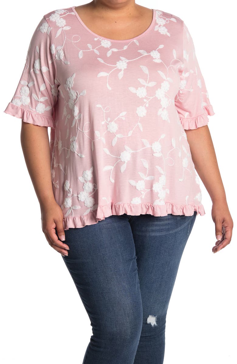FORGOTTEN GRACE Floral Embroidered Ruffle Trim Top, Main, color, BLUSH/WHITE