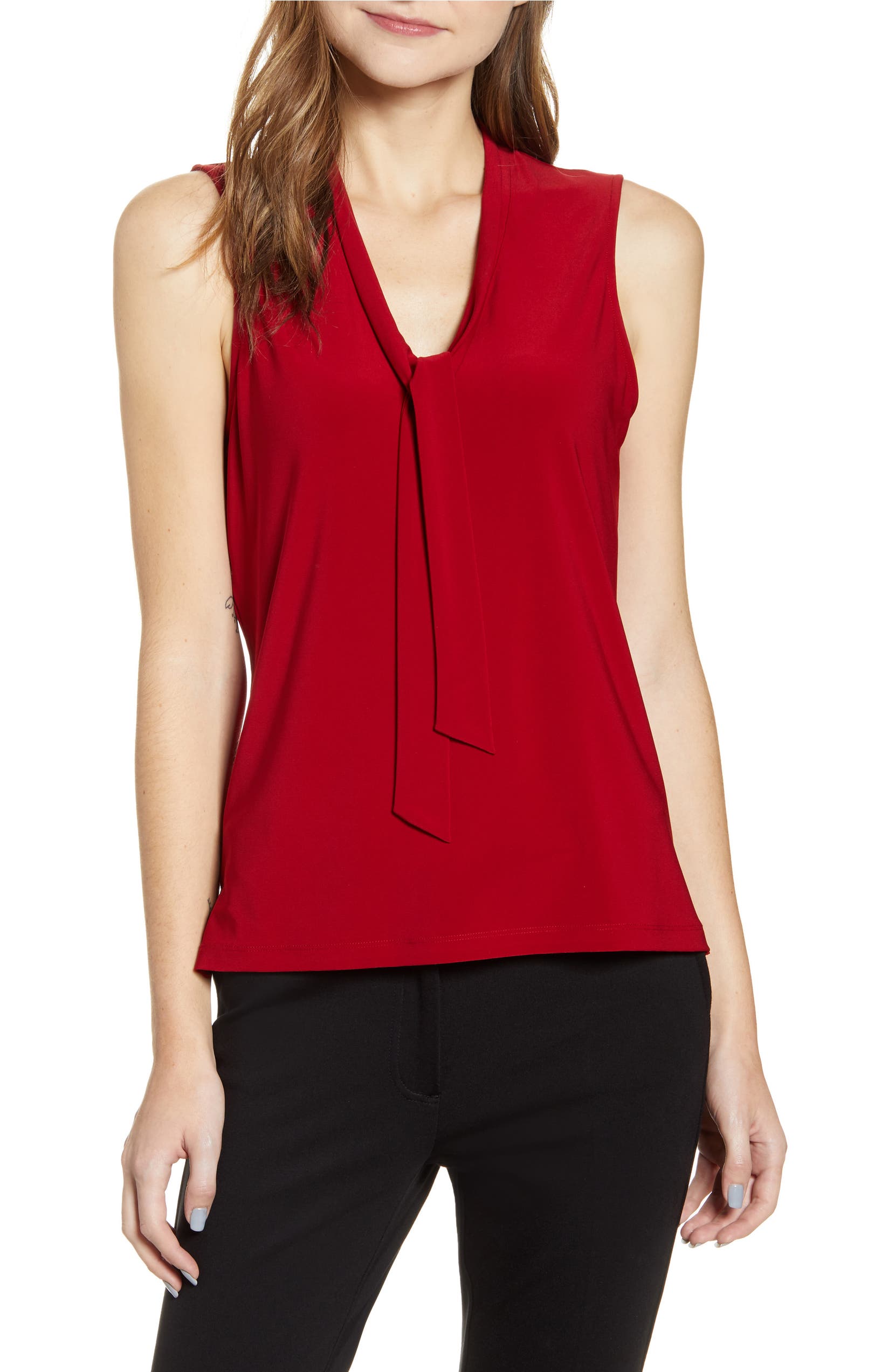 ANNE KLEIN Tie Neck Sleeveless Blouse, Main, color, TITIAN RED