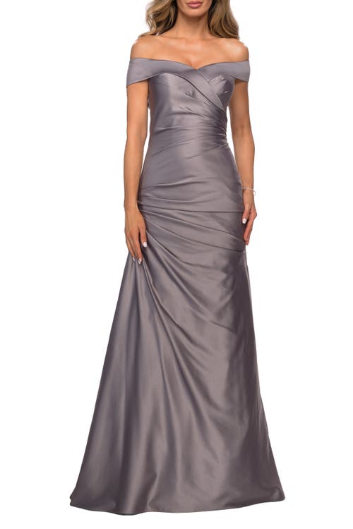 Shop La Femme Off The Shoulder Satin Evening Dress With Pleating In Platinum