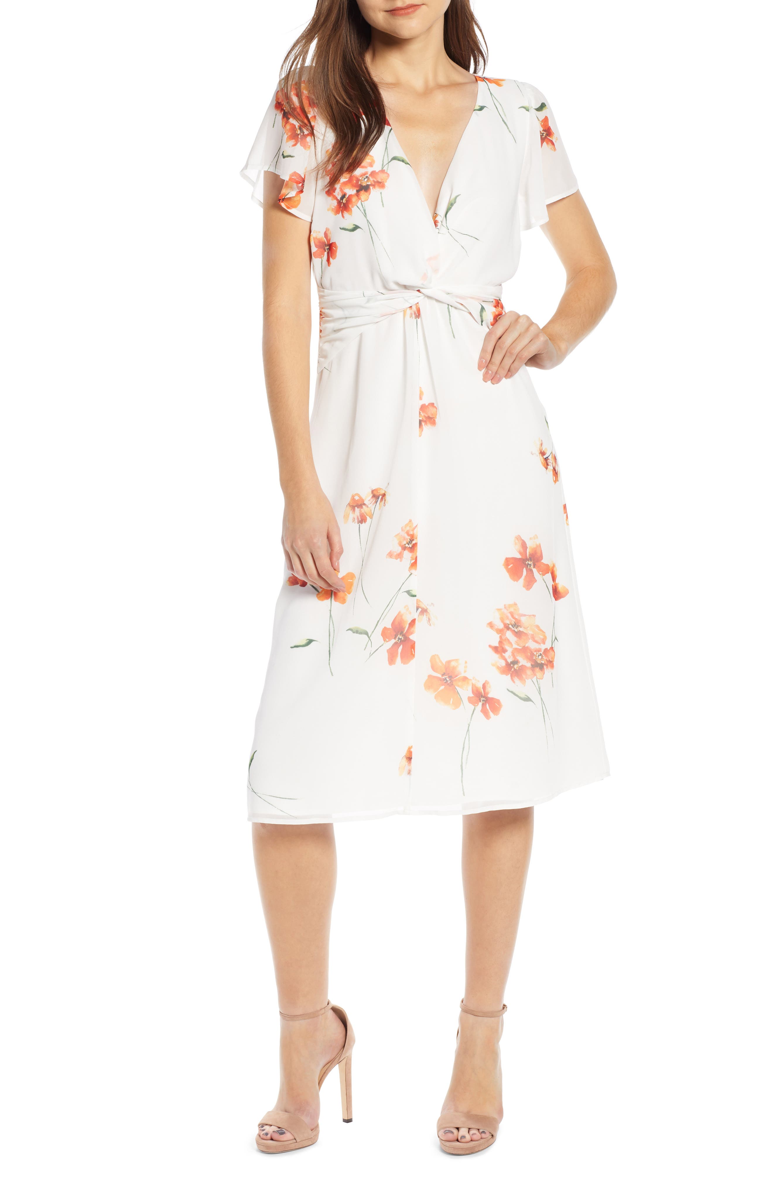 Row A Twist Front Midi Dress, Ivory
