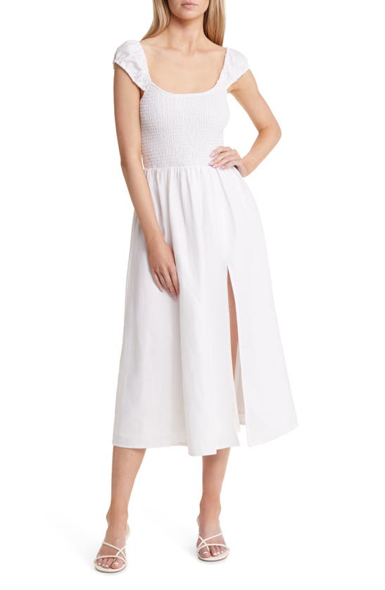 Reformation Tavi Smocked Linen Dress In White | ModeSens