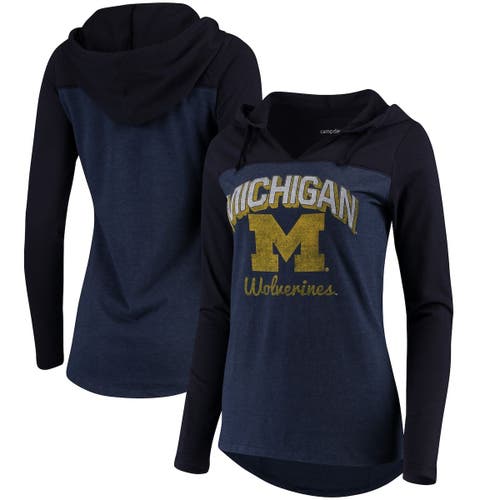 CAMP DAVID Women's Navy Michigan Wolverines Knockout Color Block Long Sleeve V-Neck Hoodie T-Shirt