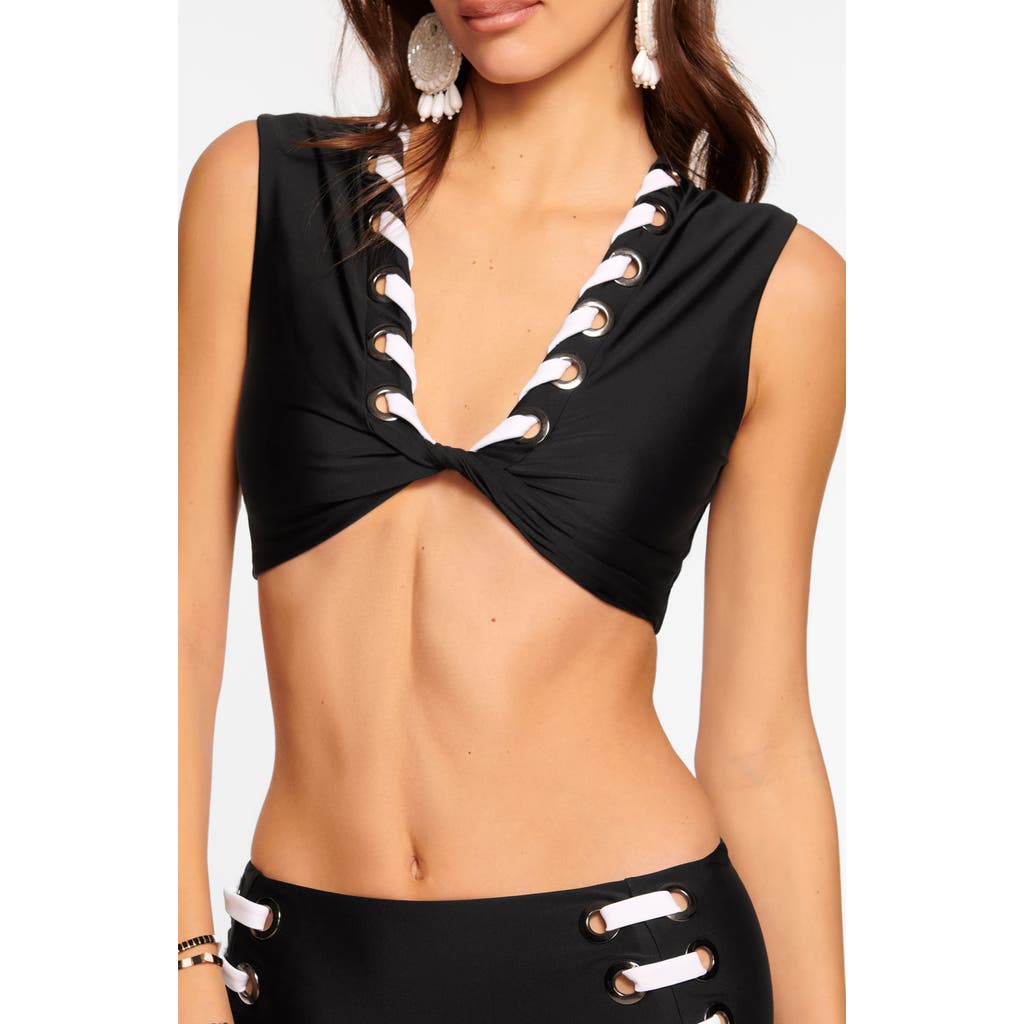Shop Ramy Brook Dorothea Twisted Lace-up Bikini Top In Black W/white Lacing