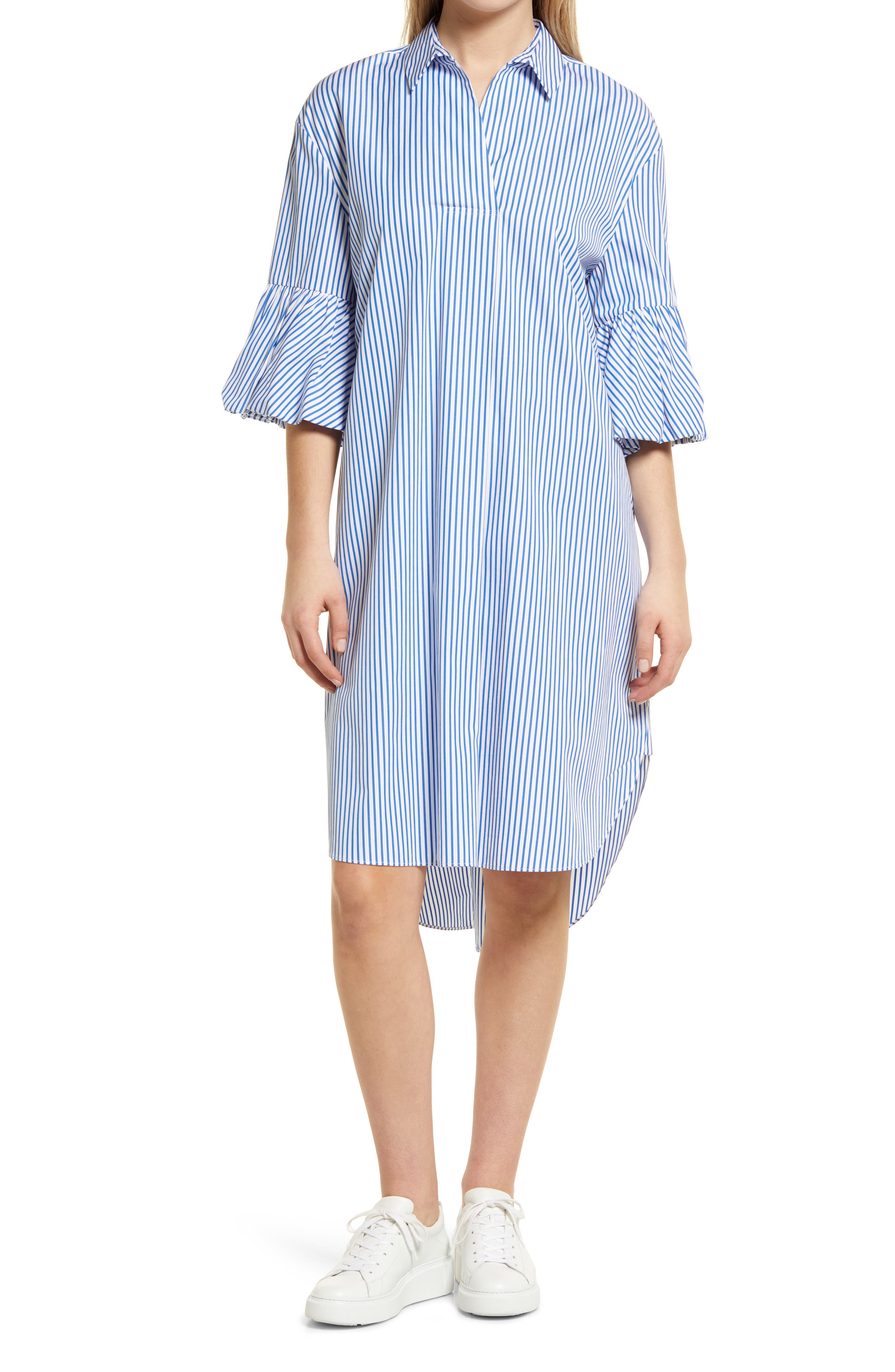 blue and white shirt dress