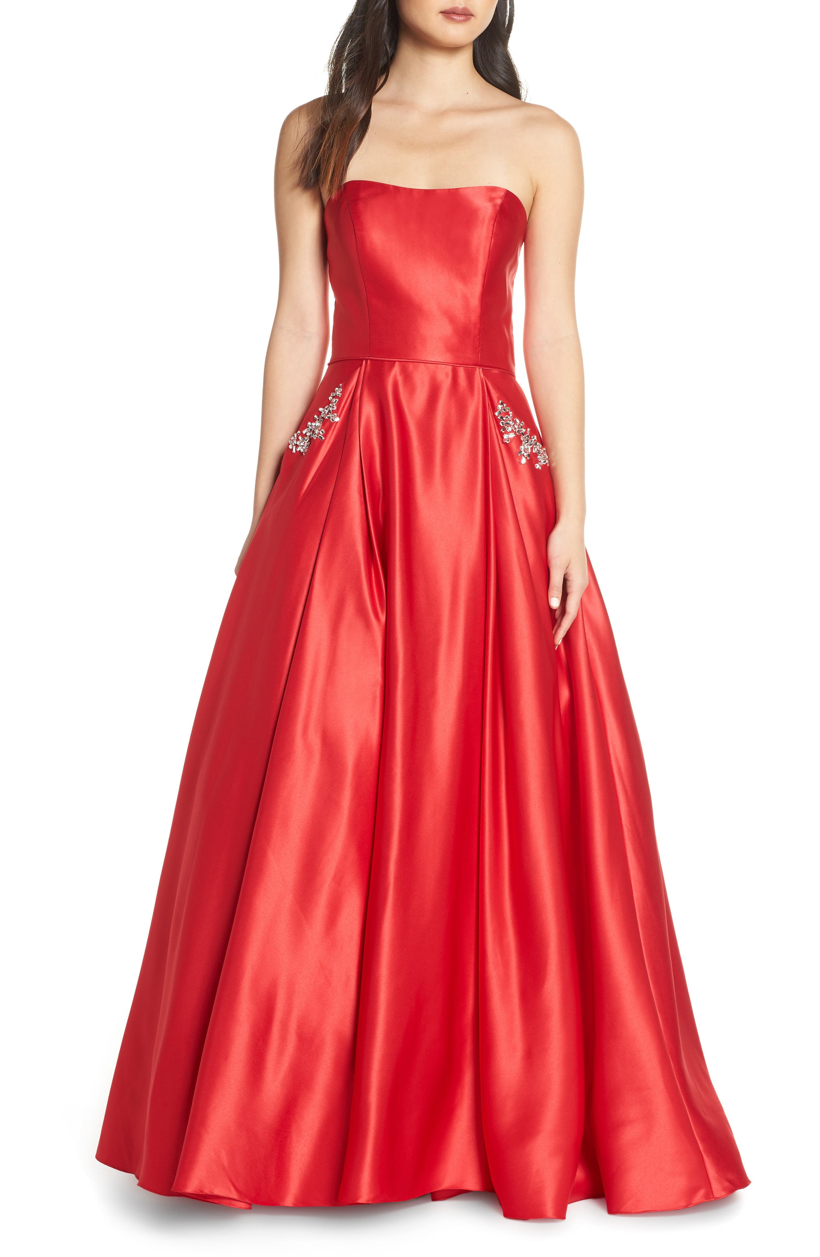 Blondie Nites Strapless Embellished Pocket Satin Evening Dress, Red