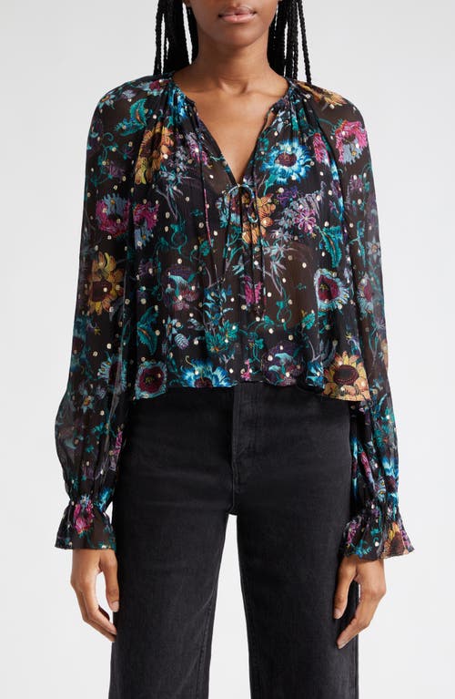 Ulla Johnson Bernadette Metallic Tie Neck Silk Blend Top Black Iris at Nordstrom,