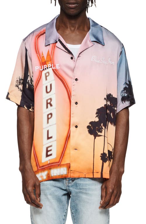 PURPLE BRAND x Blue Sky Inn Motel Short Sleeve Button-Up Shirt Orange Print at Nordstrom,