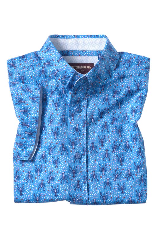 Shop Johnston & Murphy Kids' Lobster Print Short Sleeve Cotton Button-down Shirt In Blue