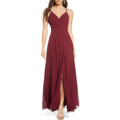 Sequin Hearts Faux Wrap Sleeveless Chiffon Gown, Red