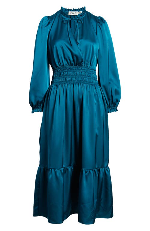 Shop Eliza J Ruffle Trim Long Sleeve Satin Dress In Teal