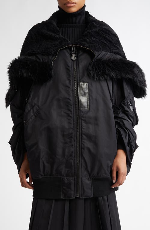 Junya Watanabe Oversize Nylon Bomber Jacket with Faux Fur Trim in Black X Black 