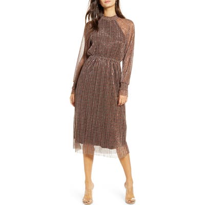 Vero Moda Alexandra Shimmer Plaid Long Sleeve Dress, Beige