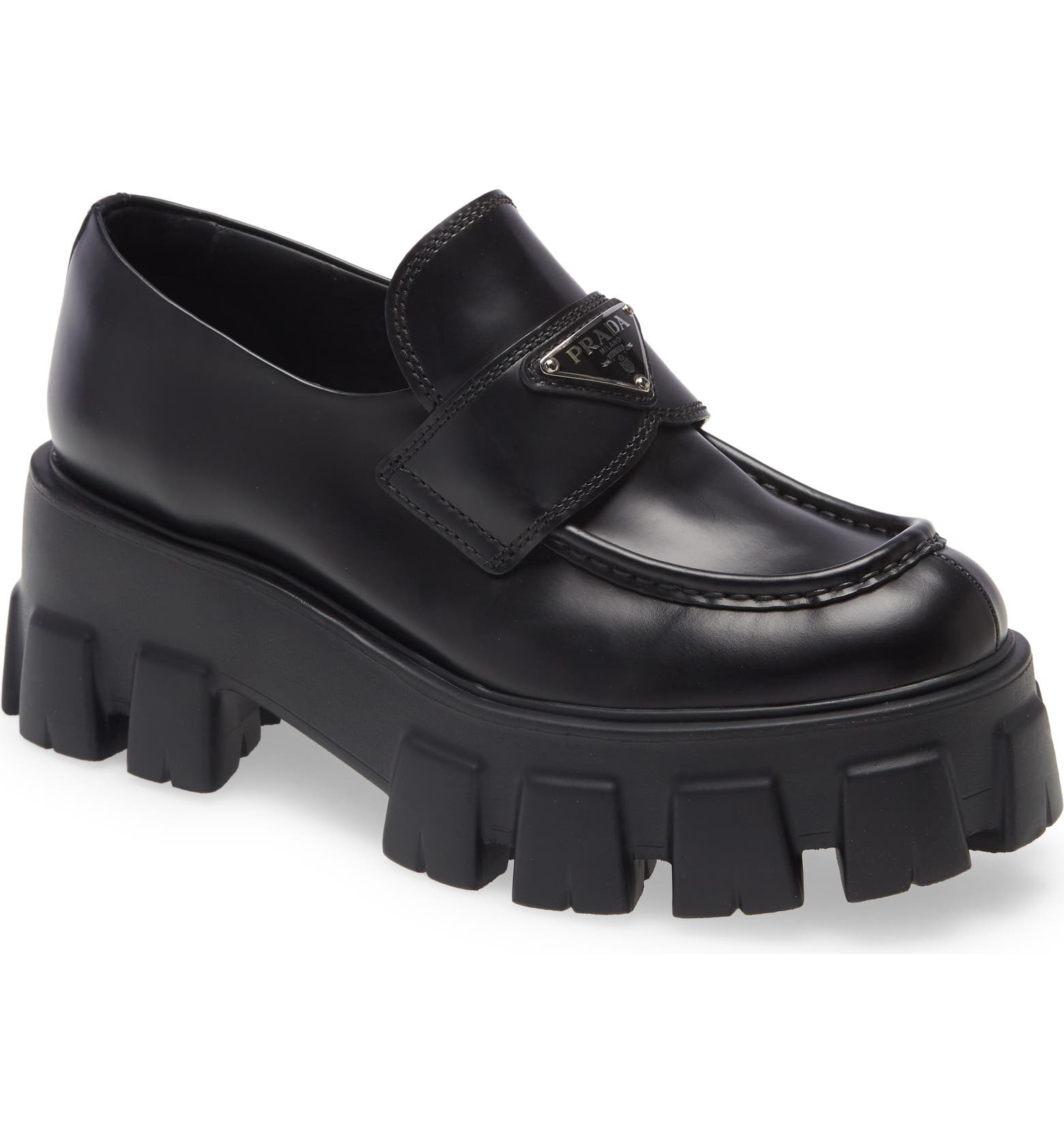 Black Prada Monolith Leather Logo Platform Loafers 