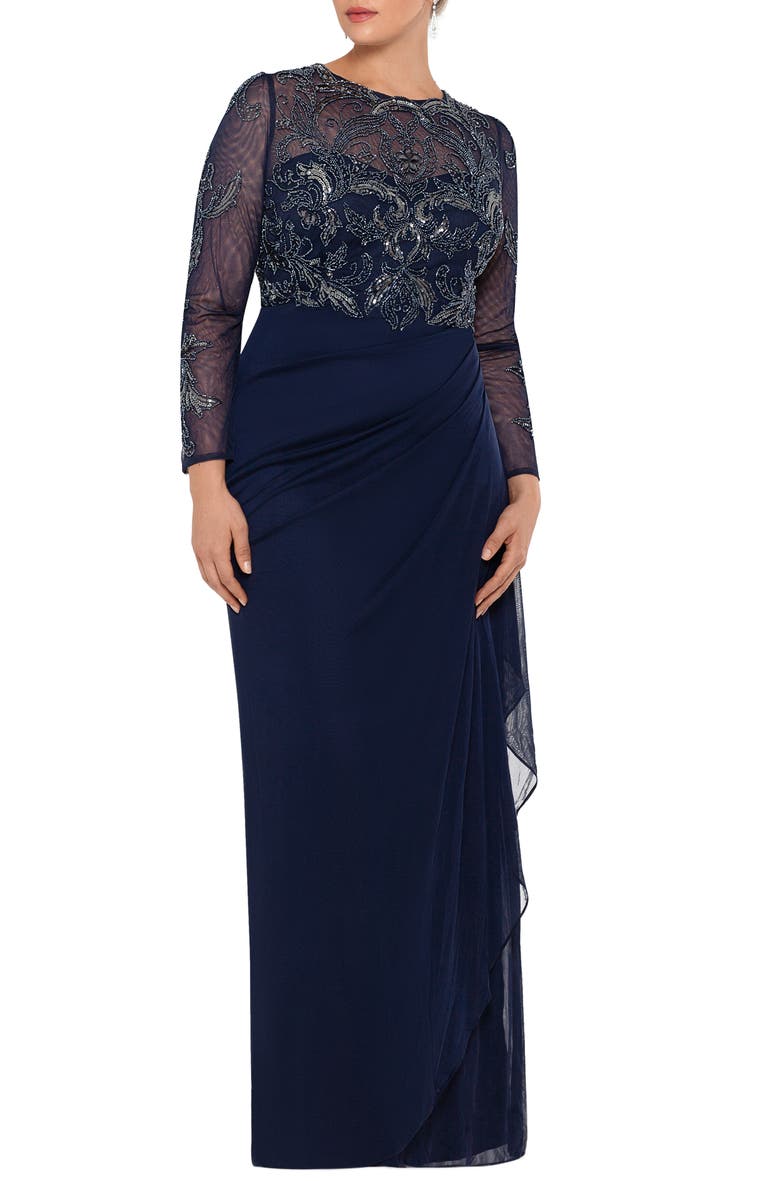 Xscape Long Sleeve Ruched Beaded Gown (Plus Size) | Nordstrom