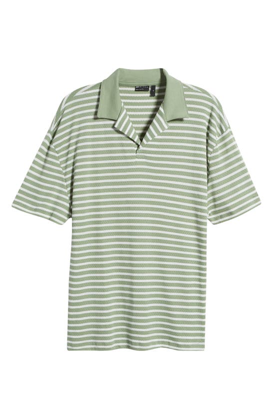 Shop Asos Design Stripe Relaxed Johnny Collar Polo In Mid Green
