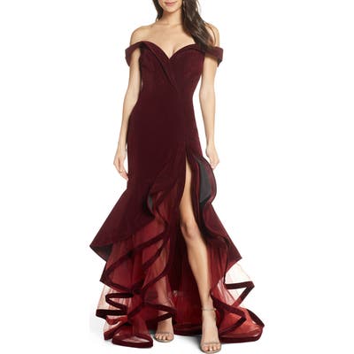 MAC Duggal Off The Shoulder Tiered Ballgown, Burgundy
