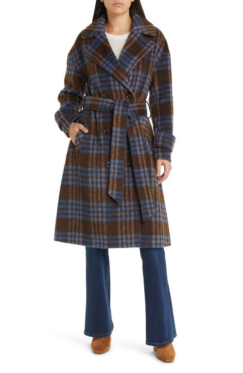 Plaid Belted Longline Coat in Blue Brown Plaid