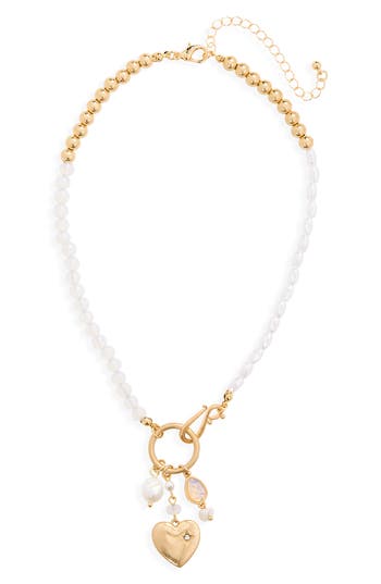 Shop Stephan & Co. Imitation Pearl Crystal Heart Pendant Necklace In Gold