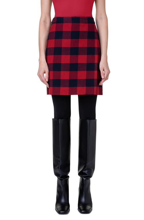 Buffalo Plaid Wool & Cotton Wrap Skirt in 076 Crimson-Navy