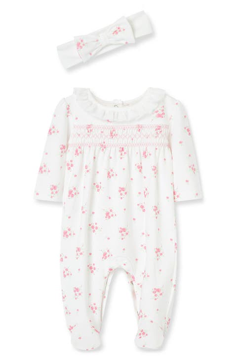 Rose Smocked Yoke Cotton Footie & Headband Set (Baby) (Nordstrom Exclusive)