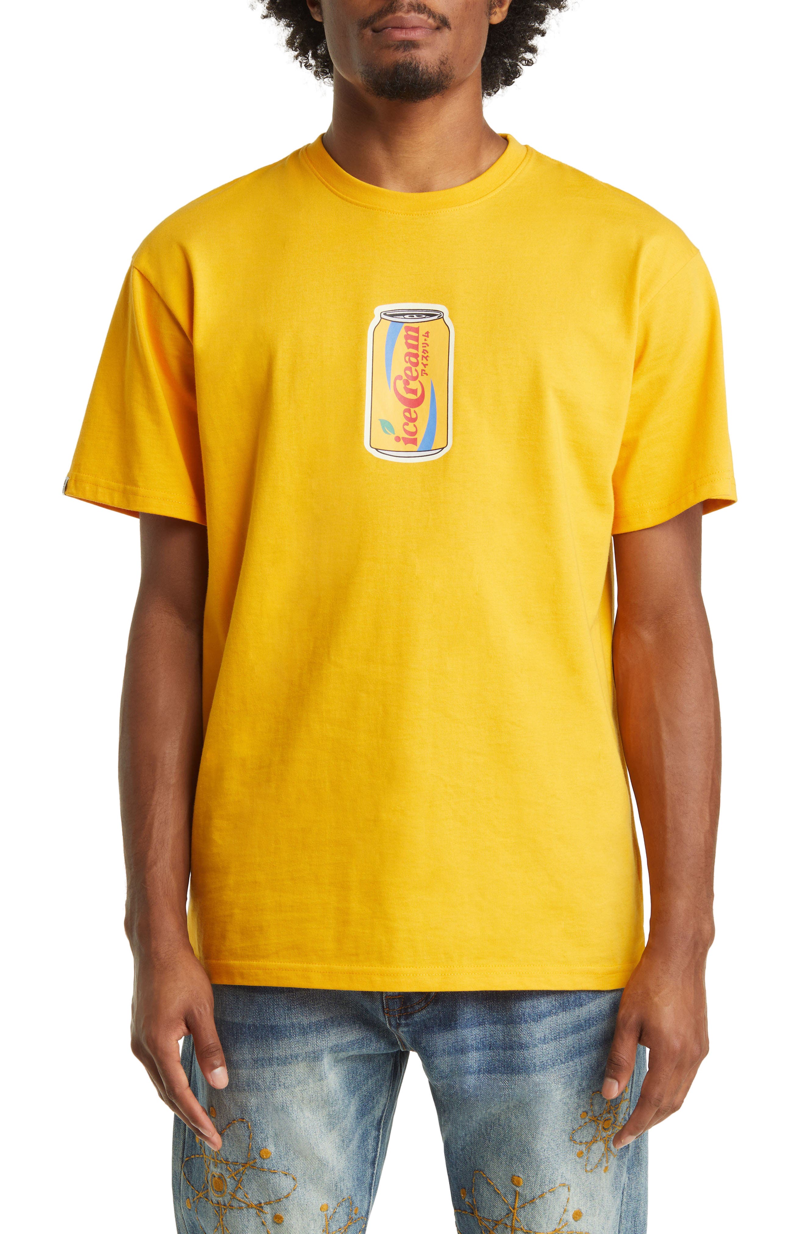 white blue and yellow graphic tee