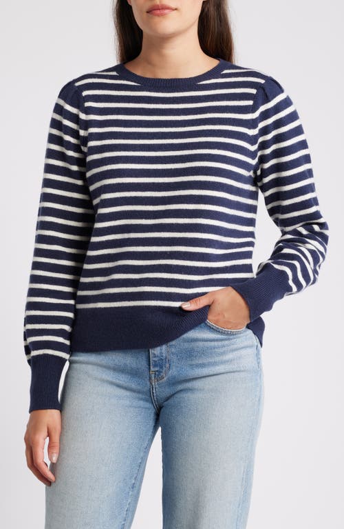 Shop Caslonr Caslon(r) Puff Sleeve Cotton Blend Crewneck Sweater In Navy- Ivory Pinstripe