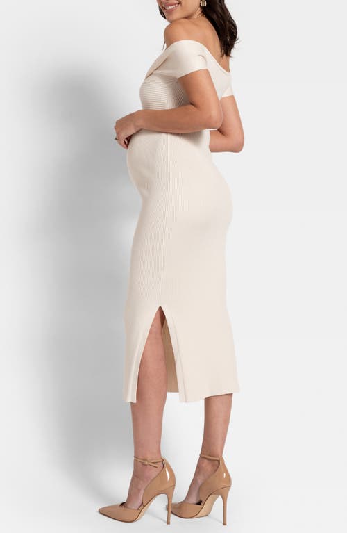 Seraphine Rib Knot Detail Off The Shoulder Midi Maternity Dress In Ecru