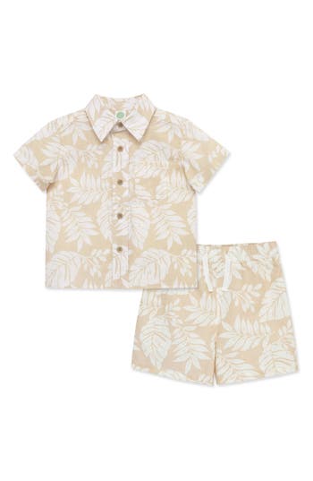 Shop Little Me Foliage Short Sleeve Linen & Cotton Button-up Shirt & Shorts Set In Tan