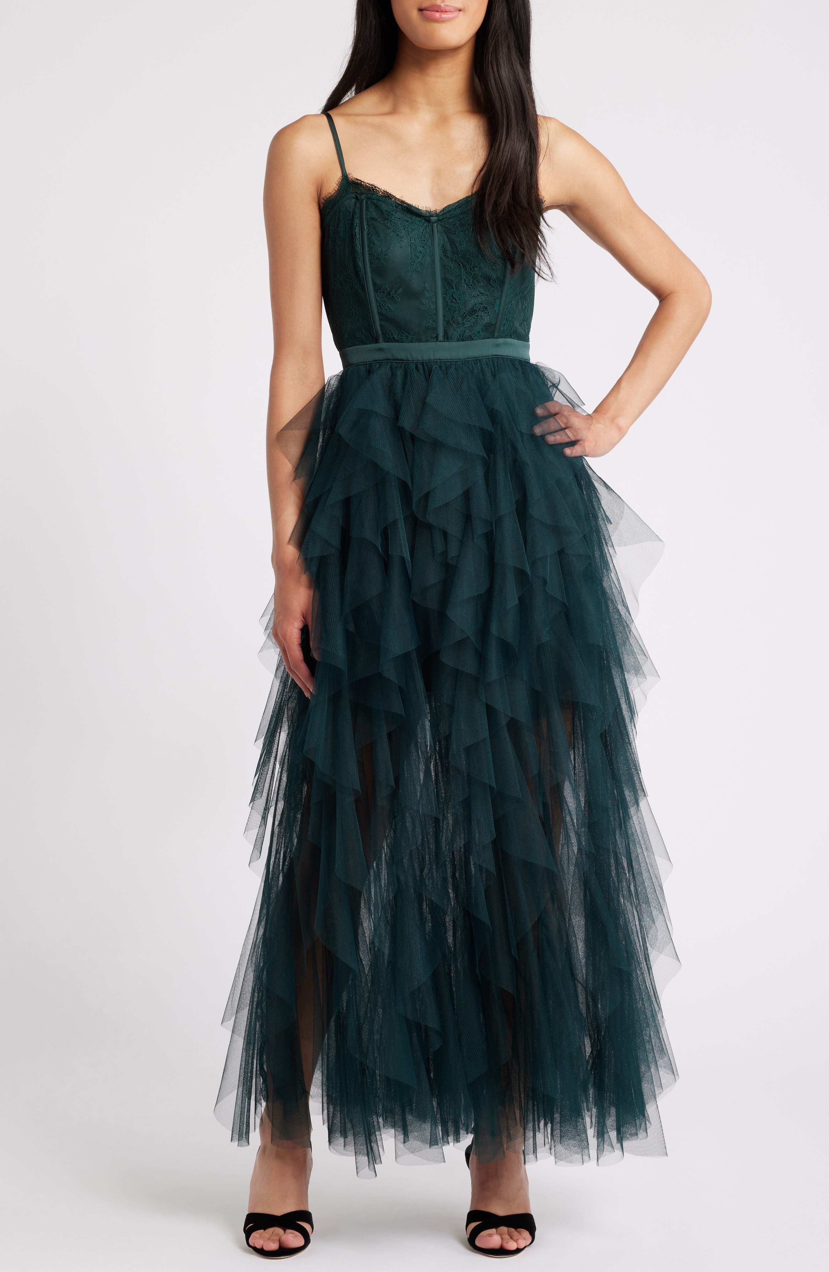 Chelsea28 Corset Lace & Tulle Gown in Green Ponderosa 