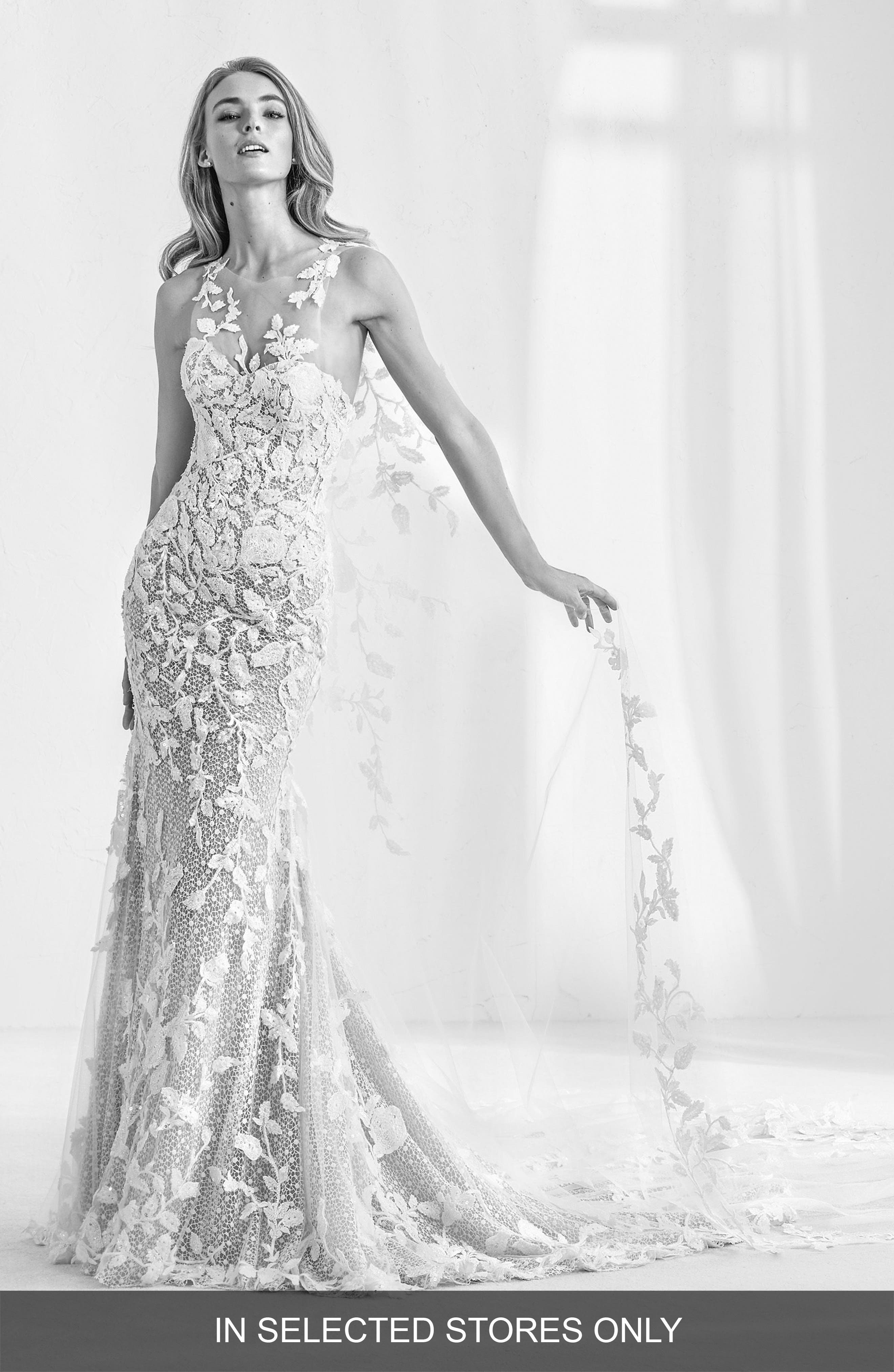 Atelier Pronovias Ramses Illusion Lace Mermaid Gown With Cape, Size IN STORE ONLY - Ivory
