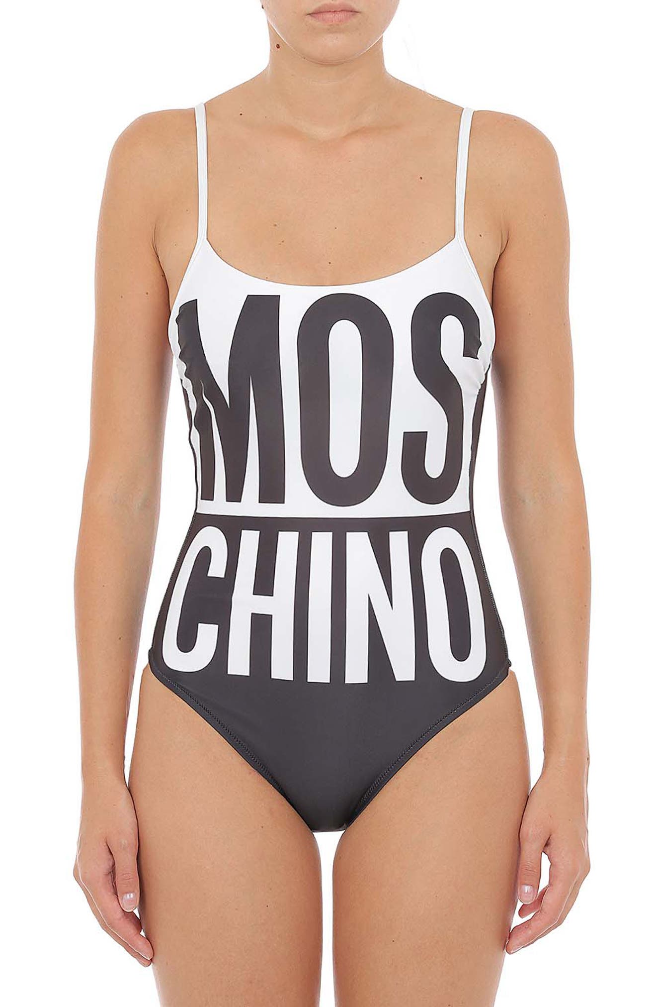 MOSCHINO Two-Tone Logo One-Piece Swimsuit in White Black