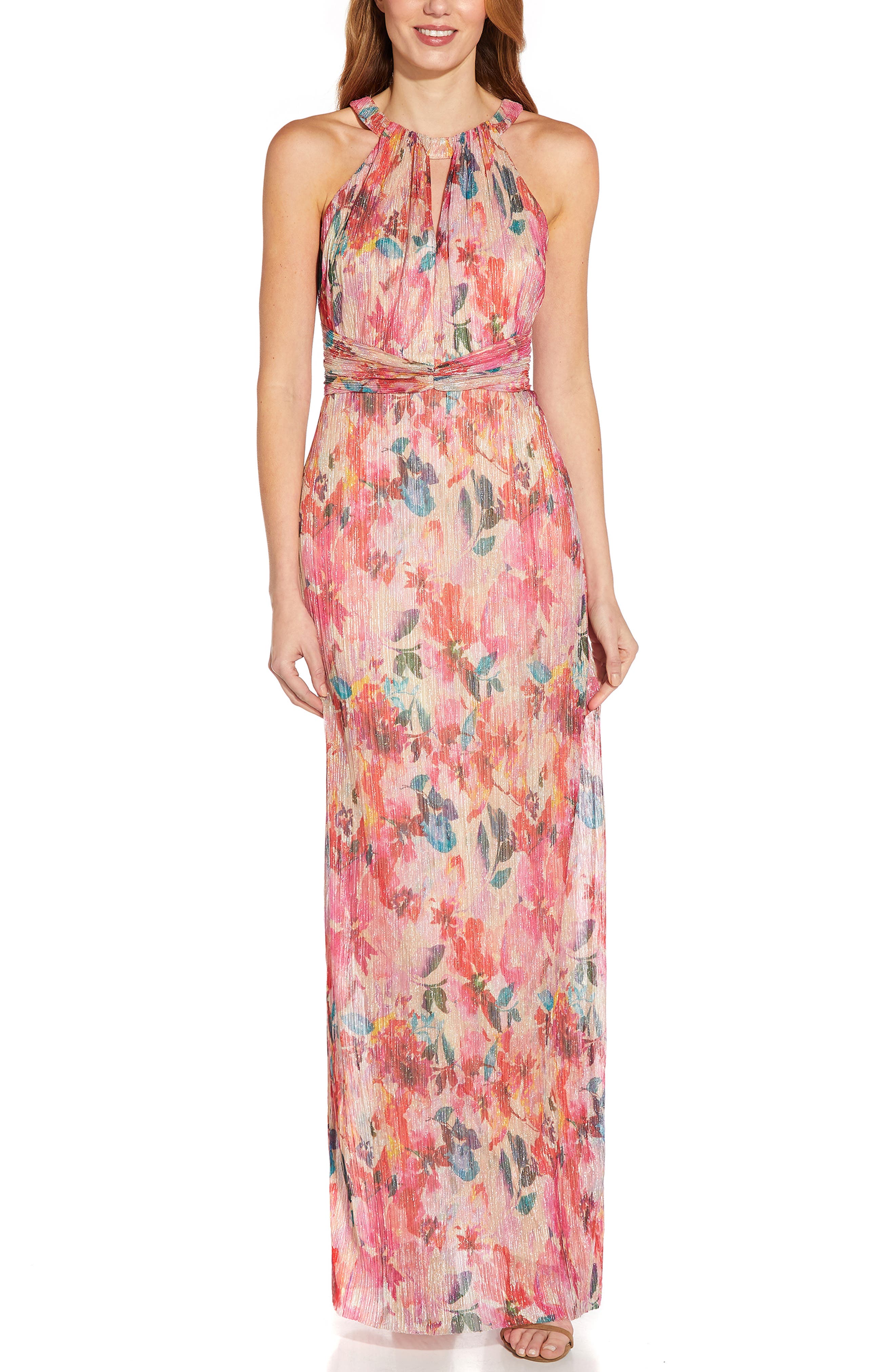 adrianna papell metallic floral gown