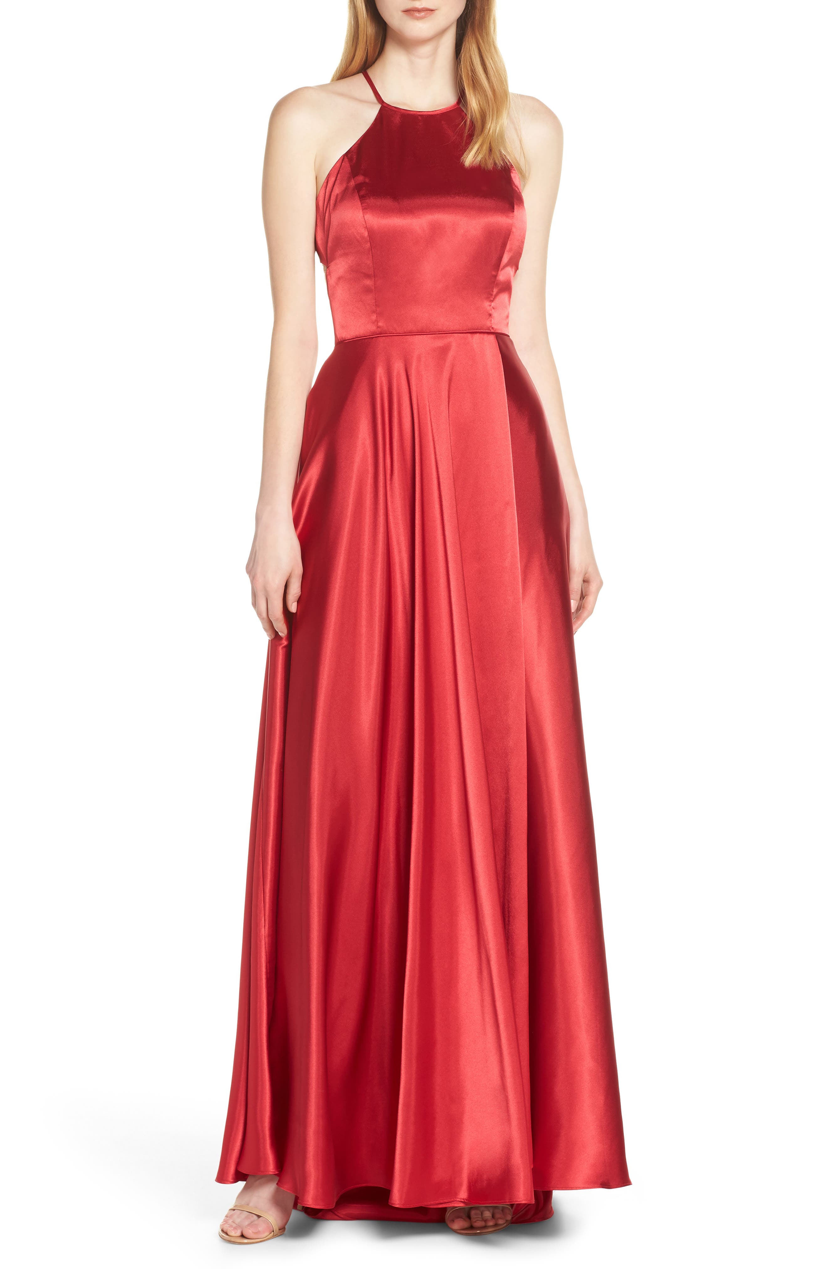 Blondie Nites Back Tie Charmeuse Evening Dress, Red