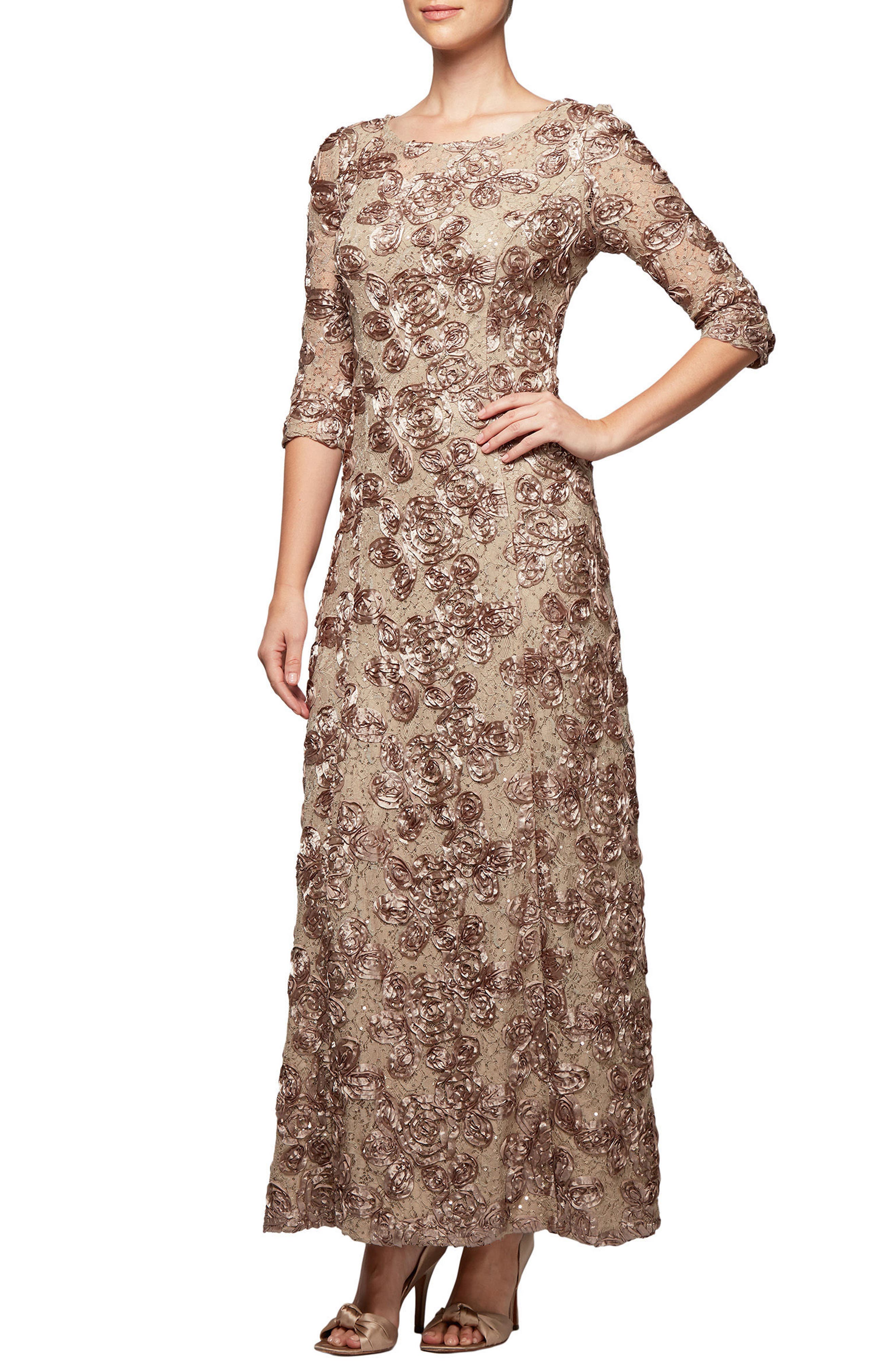 alex evenings rosette shimmer gown