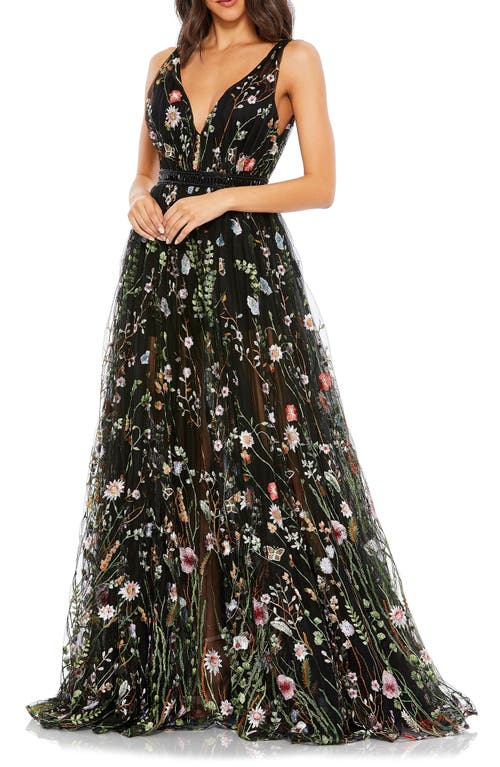 Ieena for Mac Duggal Floral Embroidered A-Line Gown in Black Multi