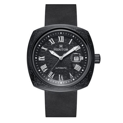 Heritor Automatic Men's Davenport Engraved-case Leather-band Watch With Date - Black In Black