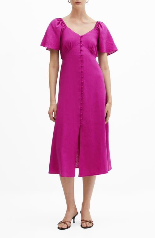 Mango Flutter Sleeve Linen Blend Midi Dress In Purple