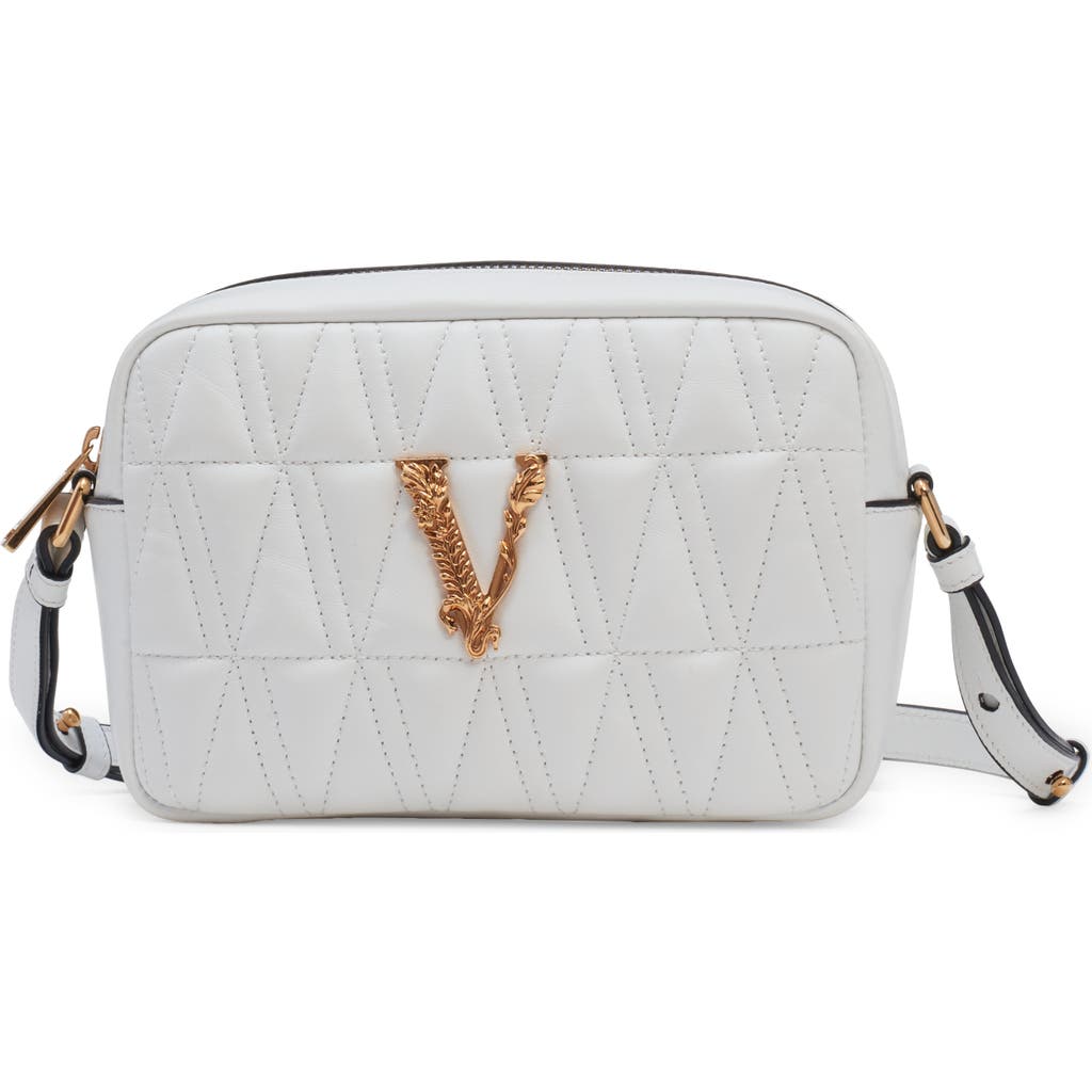 Versace Virtus Quilted Leather Camera Bag In Optical White/ Gold