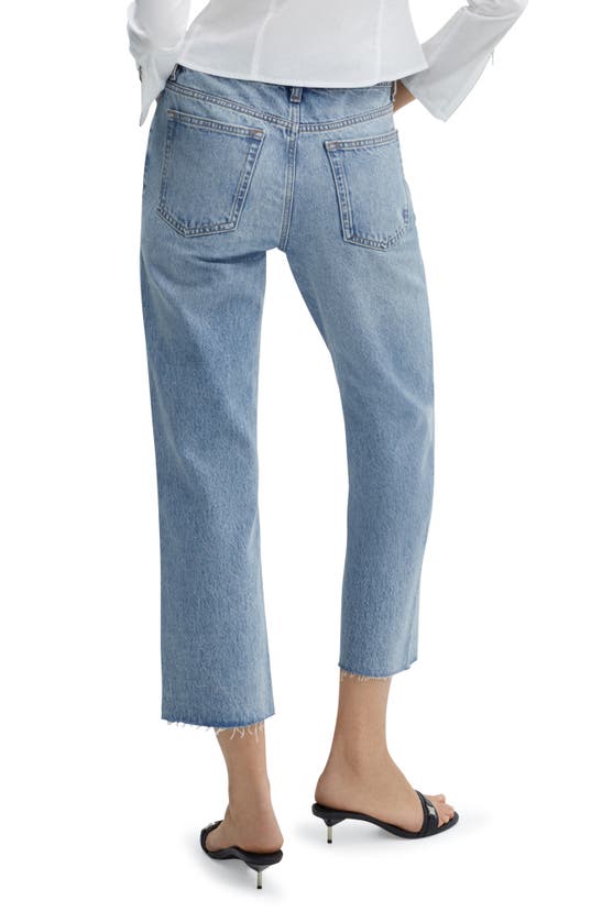 Shop Mango Raw Hem Mid Rise Crop Straight Leg Jeans In Medium Blue